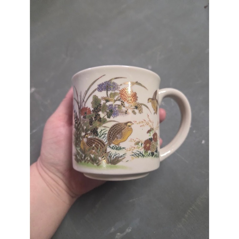 Vintage Japanese Satsuma Style Quail and Floral Ceramic Coffee Mug Gold Accents